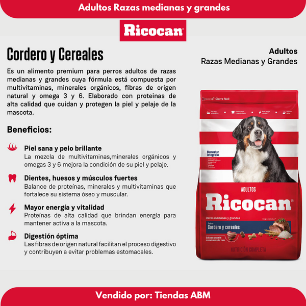 Ricocan Adulto Cordero y Cereles 15 Kg Raza Mediana y Grande