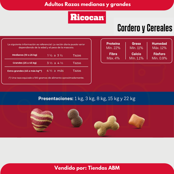 Ricocan Adulto Cordero y Cereles 15 Kg Raza Mediana y Grande