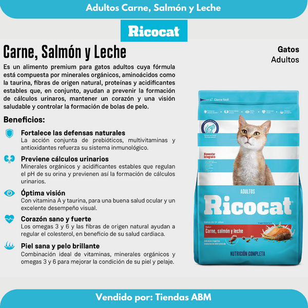 Ricocat Adulto 9Kg Carne, Leche y Salmon