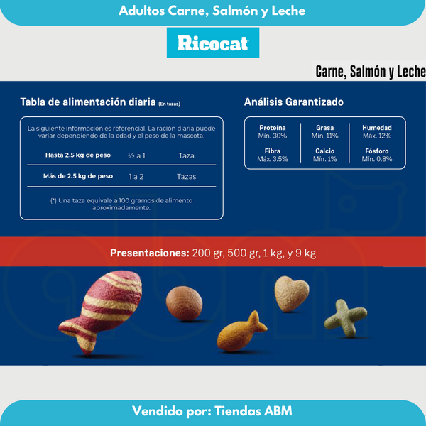 Ricocat Adulto 9Kg Carne, Leche y Salmon